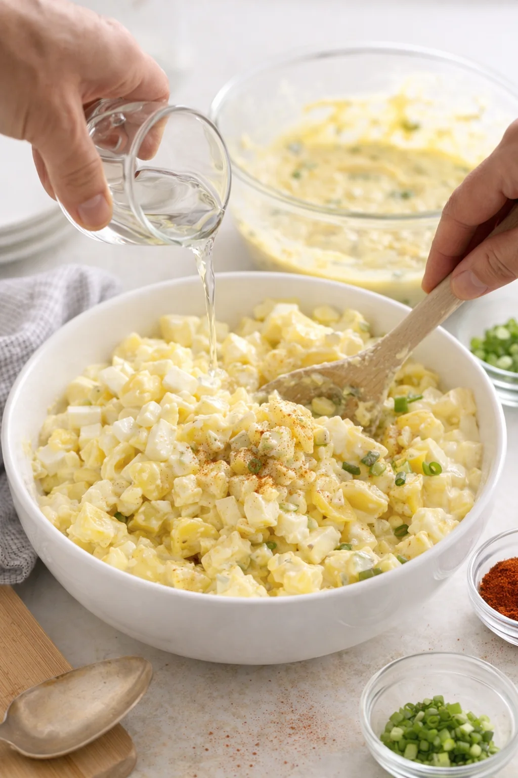Hands pouring liquid into a large bowl of chopped potatoes and hard-boiled eggs, with a creamy mixture in the background.