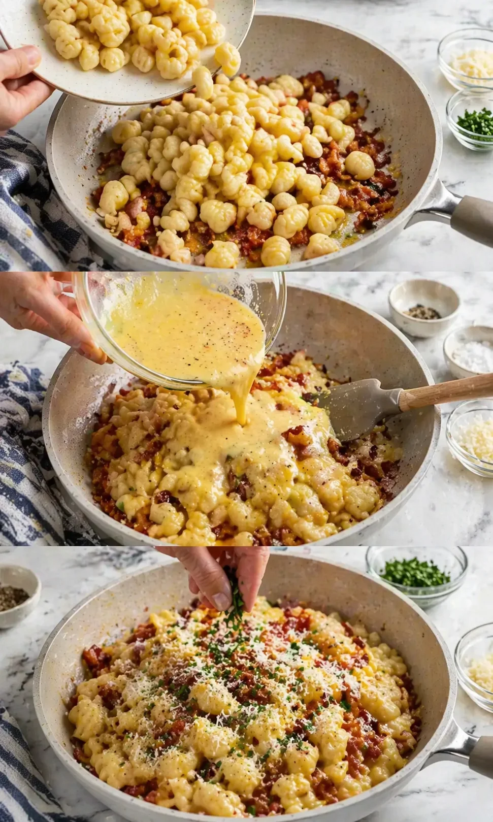 Three-panel kitchen shot showing gnocchi being added, cheese sauce poured, and herb garnish.