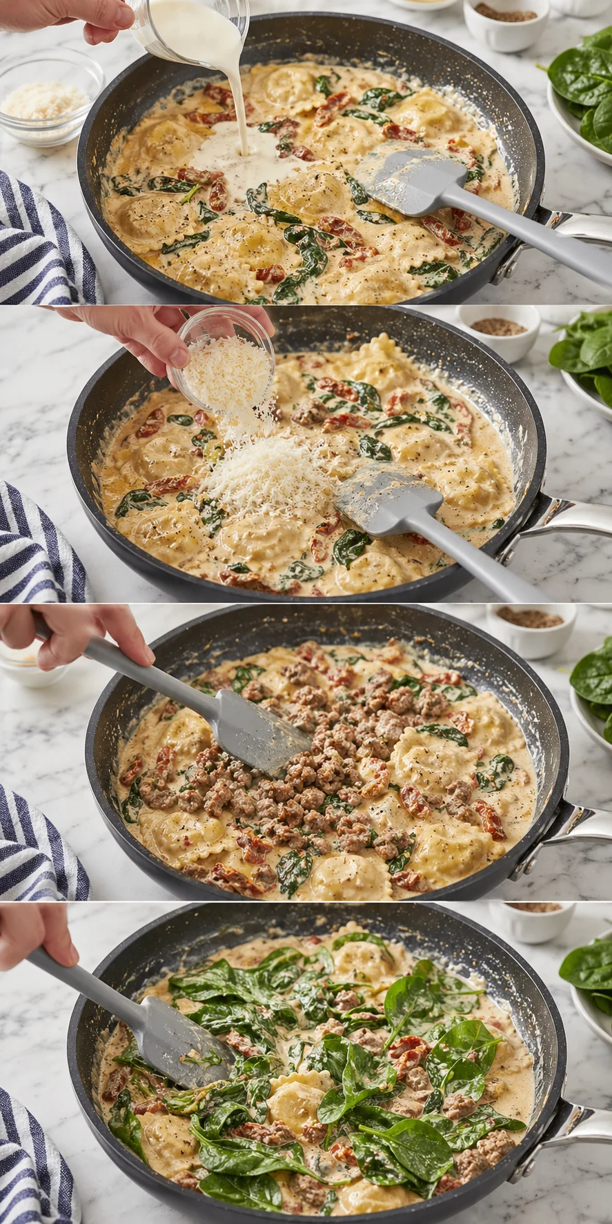 Skillet of creamy gnocchi with spinach and sun-dried tomatoes cooking on a marble countertop.