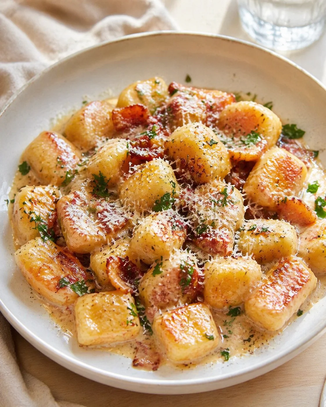 plate of golden browned gnocchi in creamy parmesan sauce, topped with parsley and bacon bits