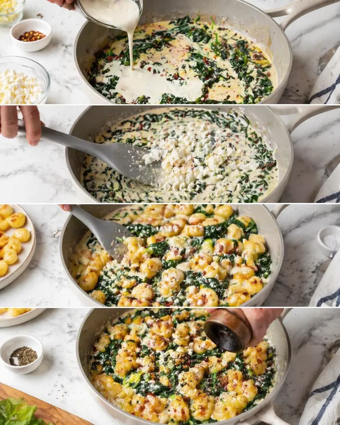 collage showing step-by-step creamy gnocchi with kale being prepared in a skillet.