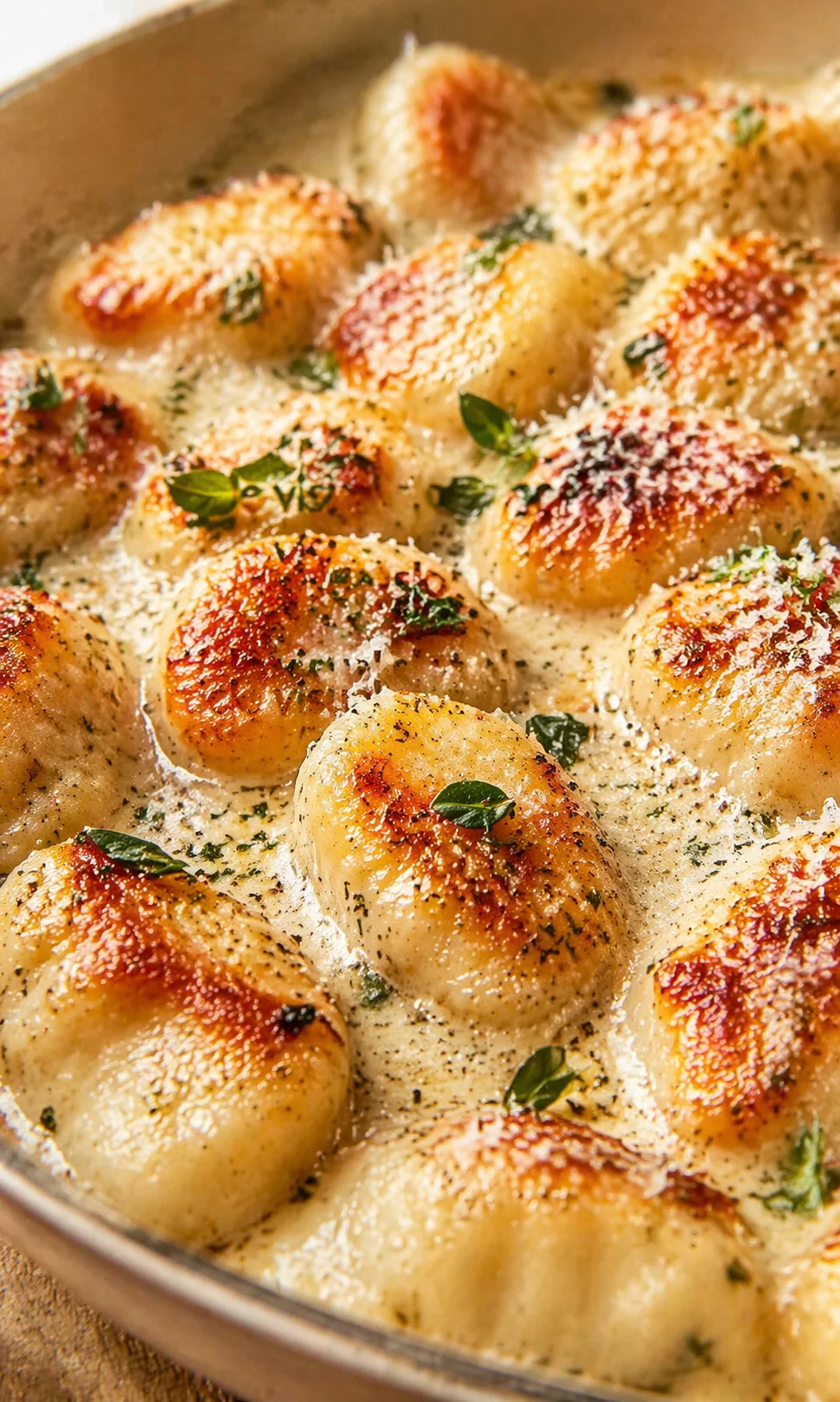 Golden-brown gnocchi bathed in a creamy herb sauce, topped with parmesan and fresh parsley in a skillet.