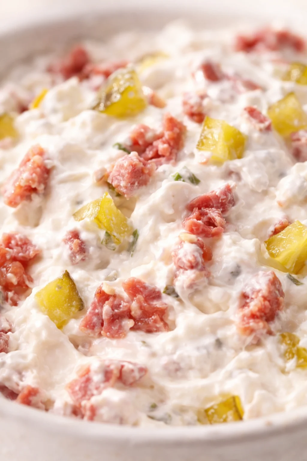 Close-up of a creamy mayo-based ham and pineapple salad with pink ham and yellow pineapple chunks.