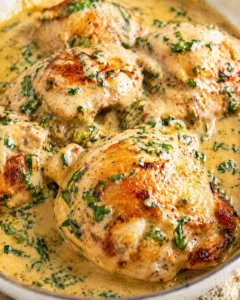 golden-brown chicken in creamy herb sauce with parsley in a skillet