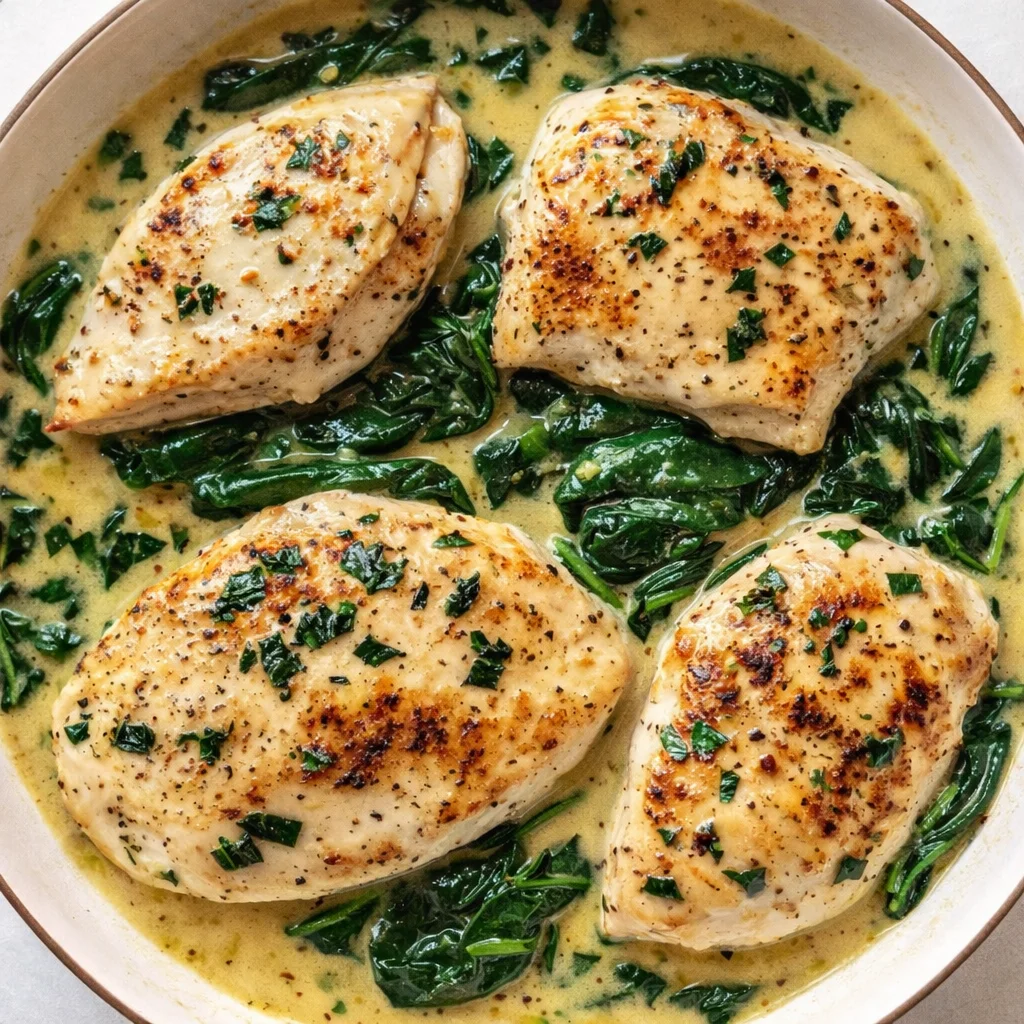 four pan-seared chicken breasts in a creamy herb sauce atop wilted spinach in a light skillet