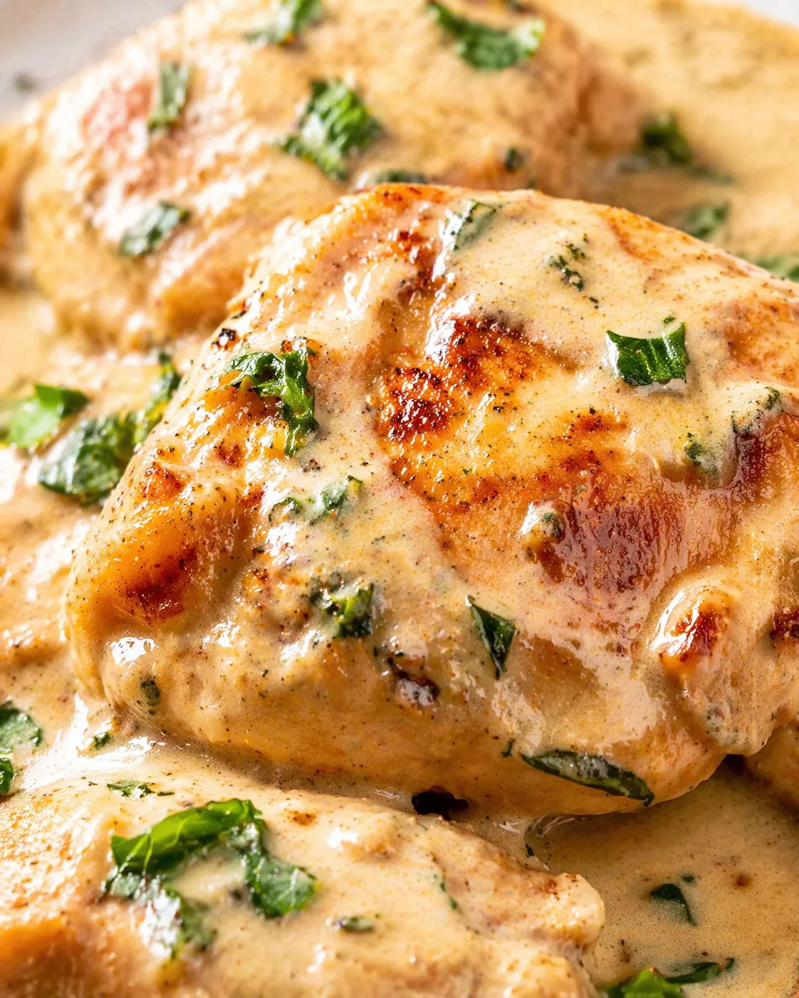 close-up of golden chicken in creamy herb sauce with chopped green herbs