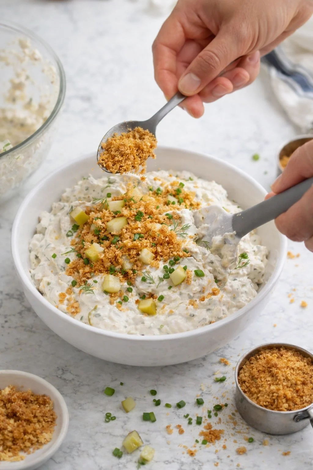 white bowl filled with creamy herb dip, garnished with cucumber chunks, dill, green onions, and crunchy breadcrumbs.