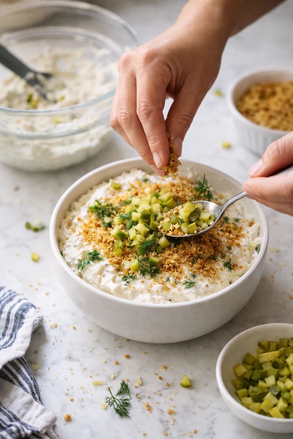 Creamy herb dip topped with diced green vegetables and crunchy breadcrumbs in a white bowl.
