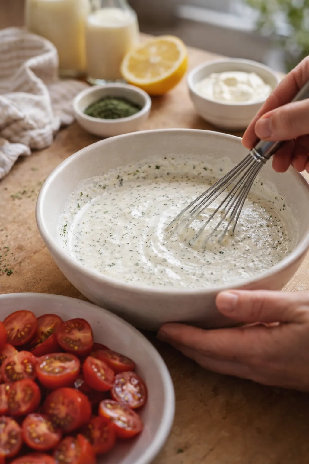A hand whisks a creamy herb dressing in a white bowl; tomatoes and lemon visible in the background.