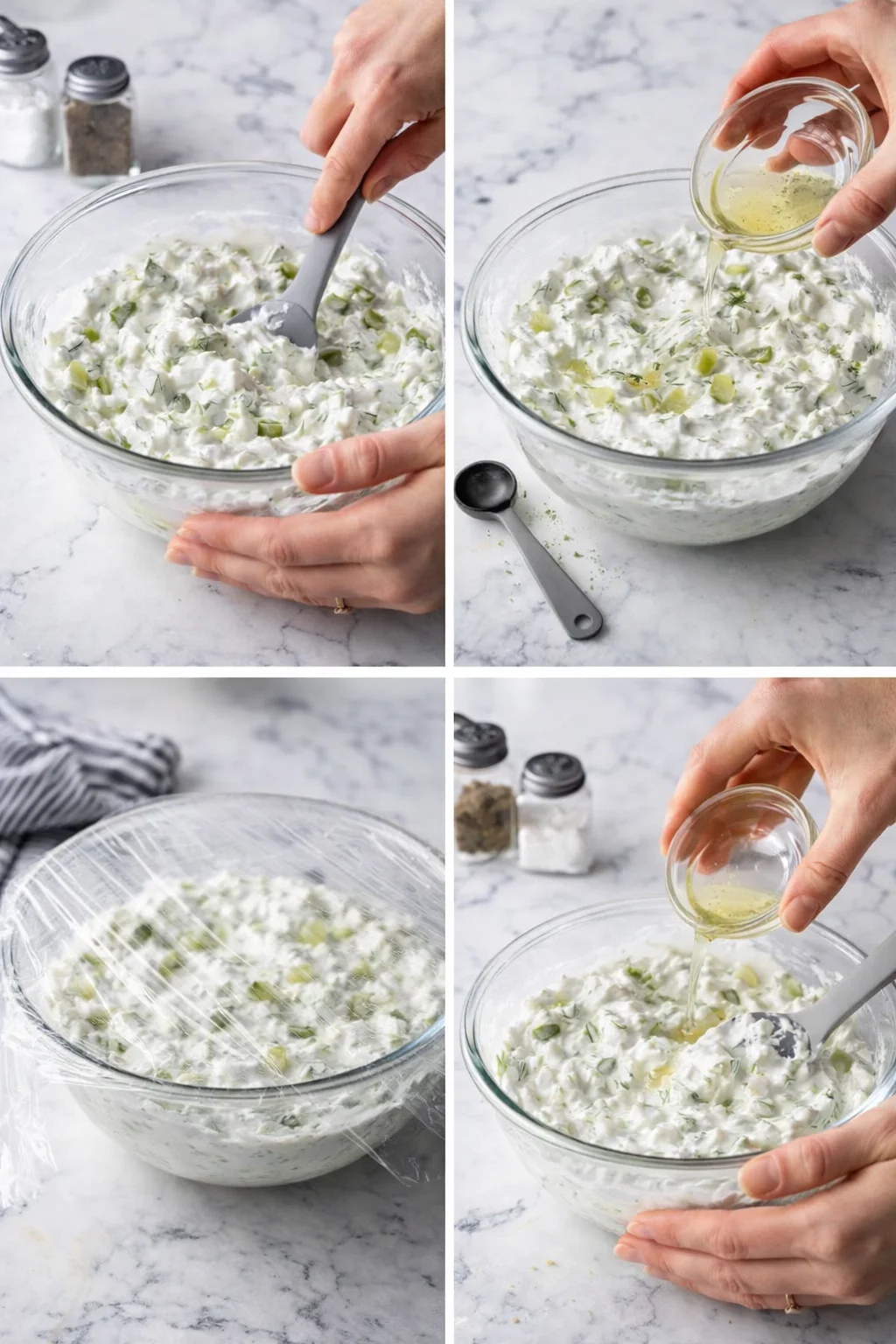 Hands mix a creamy herb dip in a glass bowl on a marble countertop.