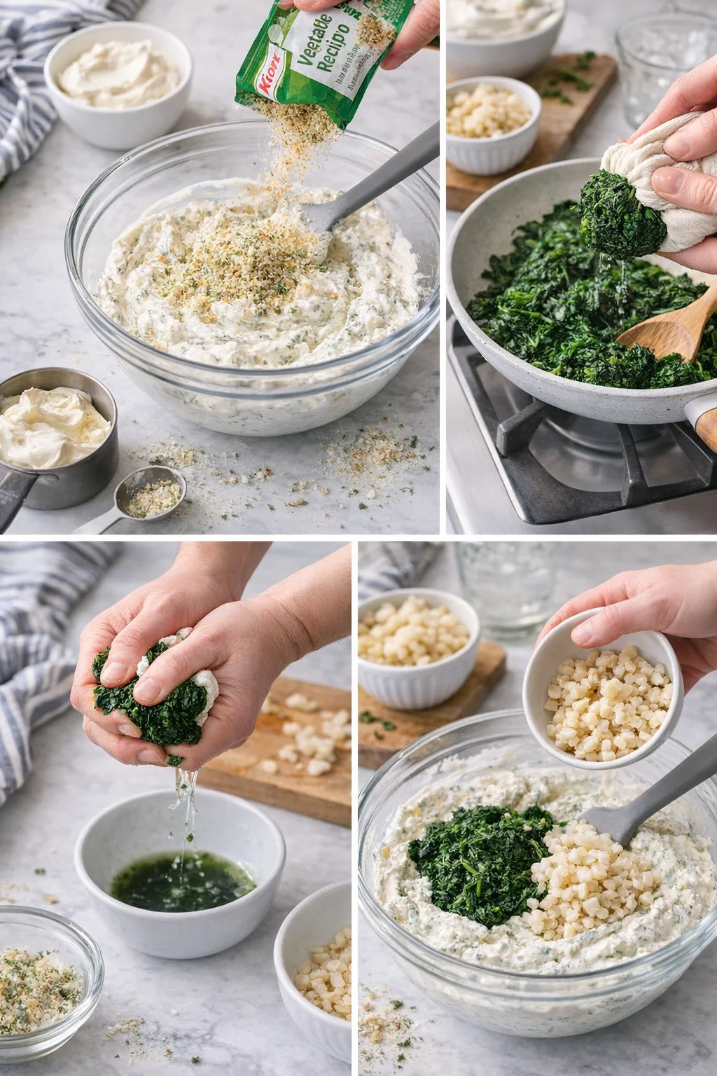 Collage showing hands preparing a kale almond dip: mixing creamy base, drying greens, and topping.