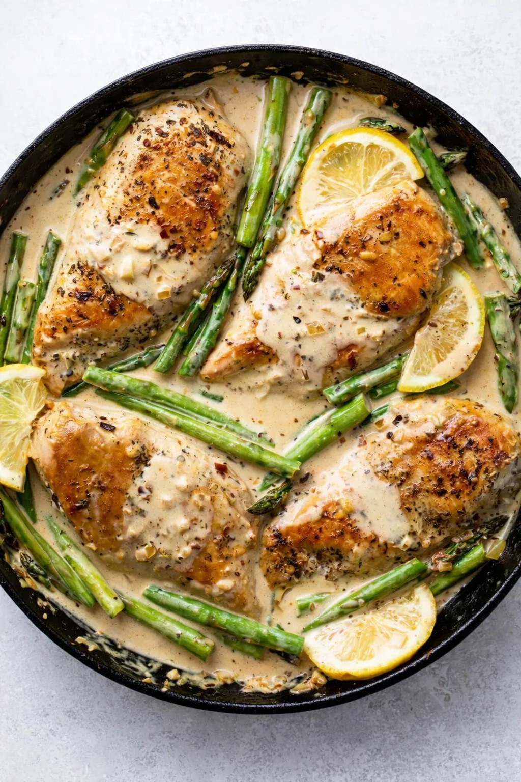 Cast-iron skillet with pan-seared chicken in creamy sauce, asparagus, and lemon wedges