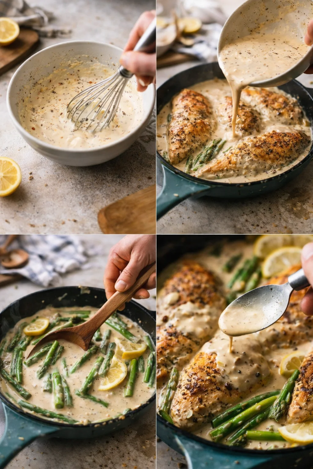 four-panel collage showing whisking sauce, pouring over chicken with asparagus in a skillet