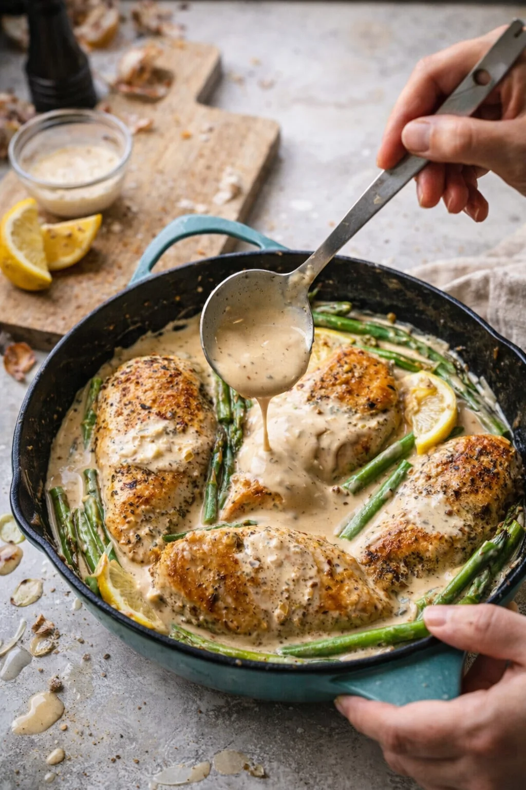 Skillet chicken in creamy sauce with asparagus, being spooned; teal pan, lemon wedges nearby.