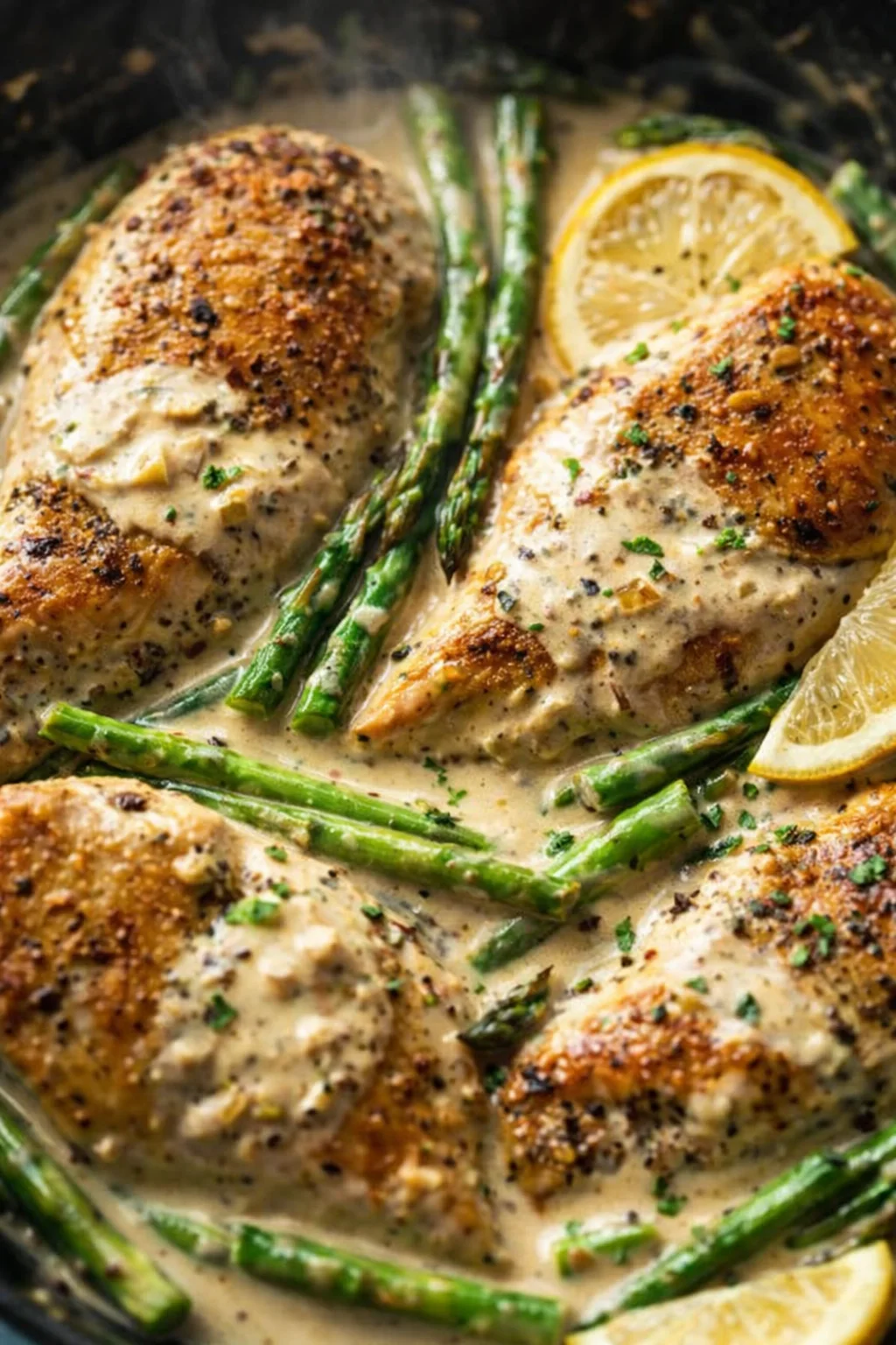 crispy-skinned chicken in creamy sauce with asparagus and lemon wedges