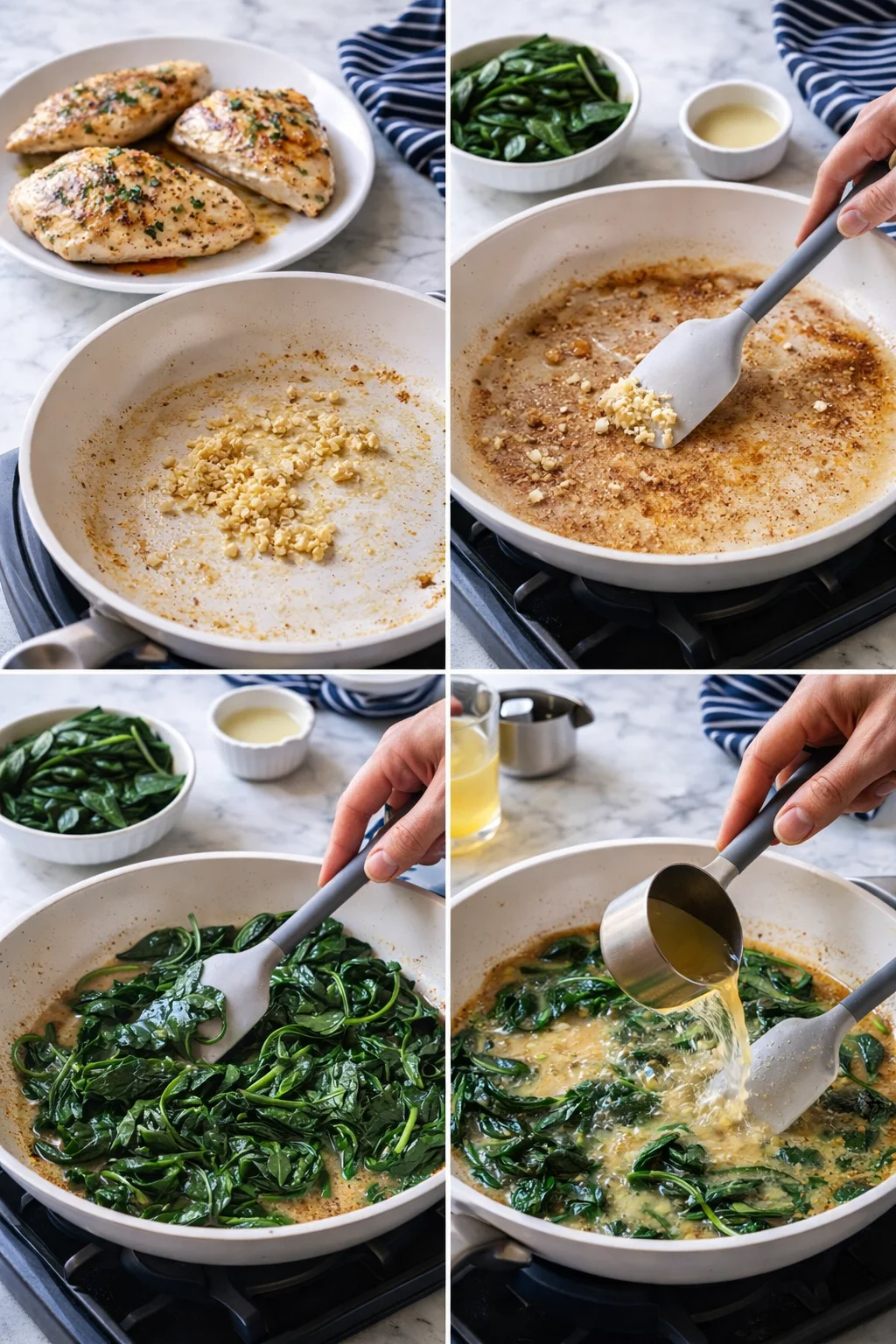 Four-panel collage of seared chicken, garlic-browned sauce, wilted spinach, and finishing pour.