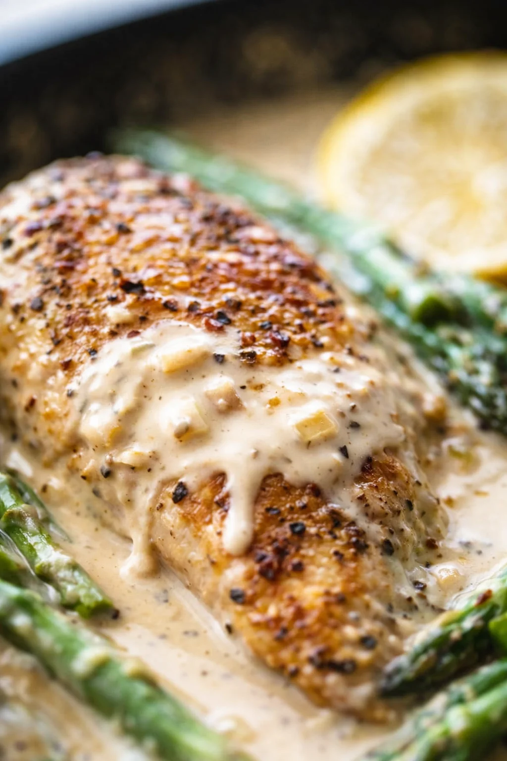 Close-up of pan-seared chicken in creamy sauce with asparagus and a lemon wedge.