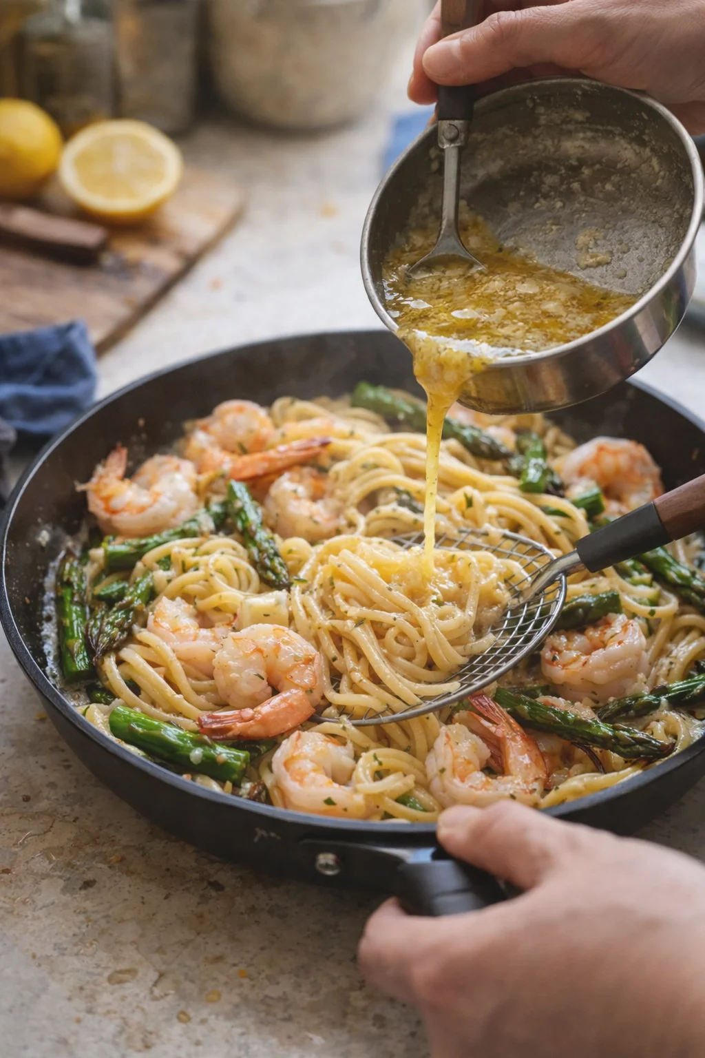 Hands pour a lemon-butter sauce into a skillet of shrimp, pasta, and asparagus.