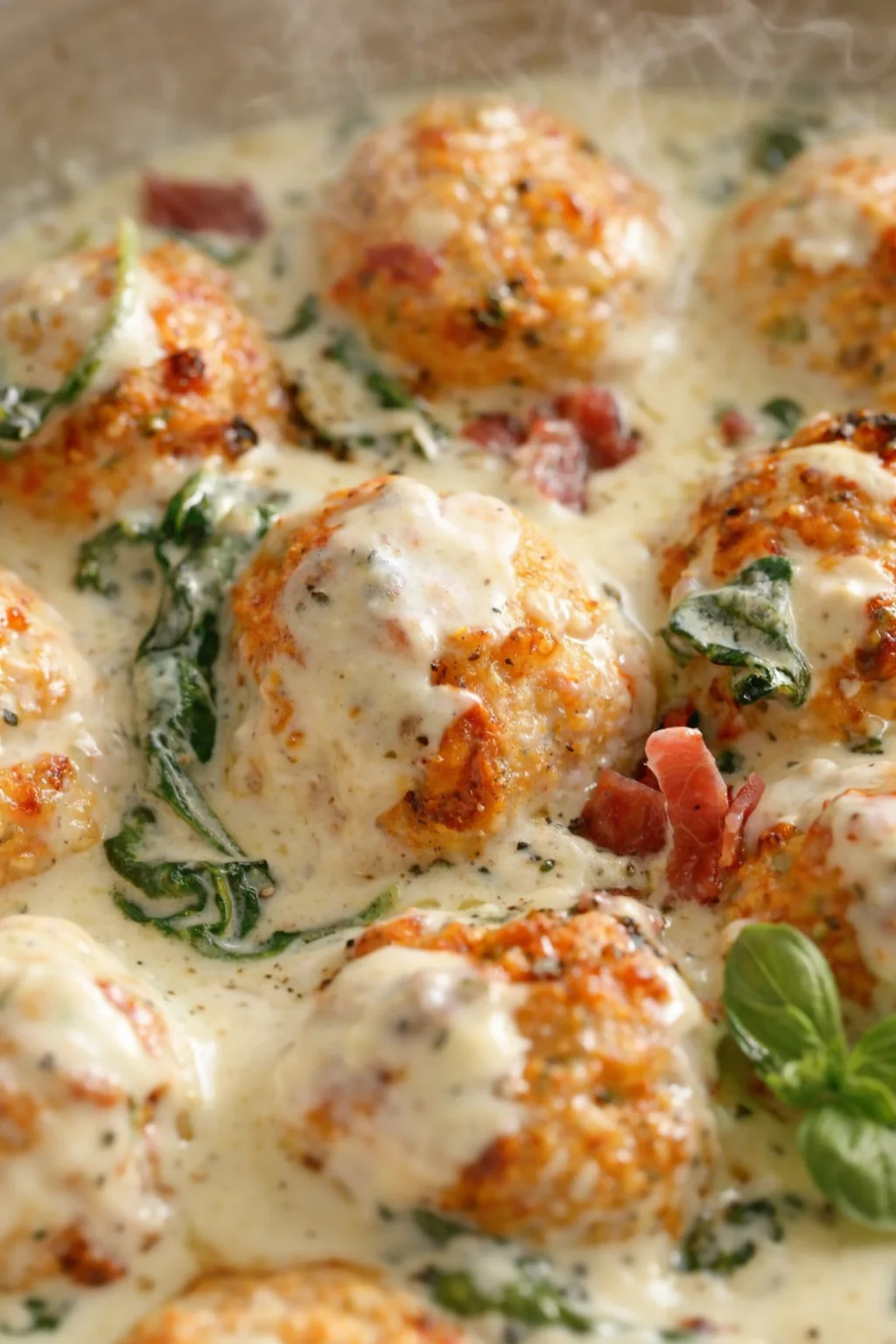 close-up of browned meatballs in creamy parmesan sauce with spinach and bacon bits