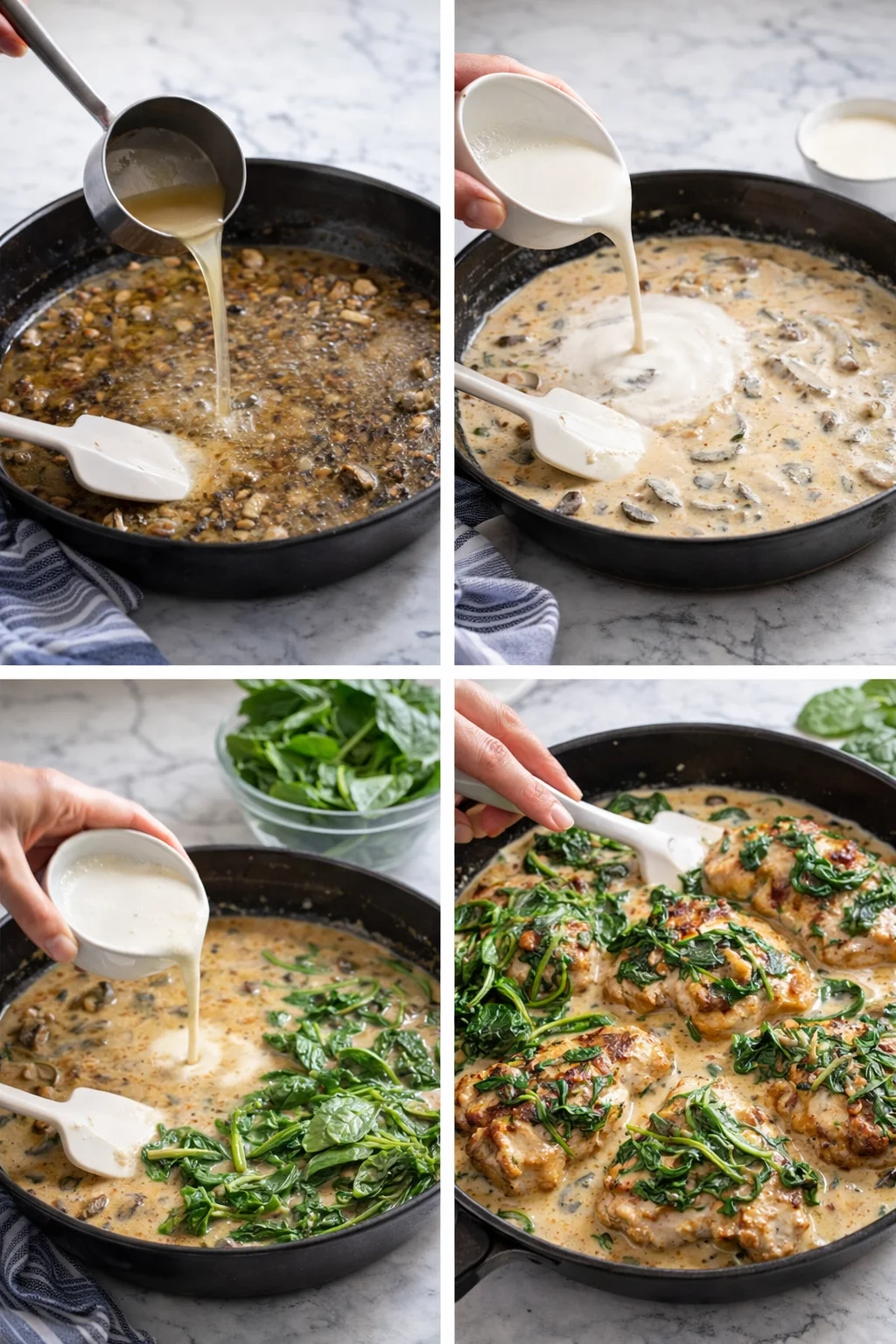 Collage of four panels showing steps to make creamy mushroom chicken in a skillet.