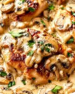 Close-up of golden chicken in creamy mushroom sauce topped with parsley.