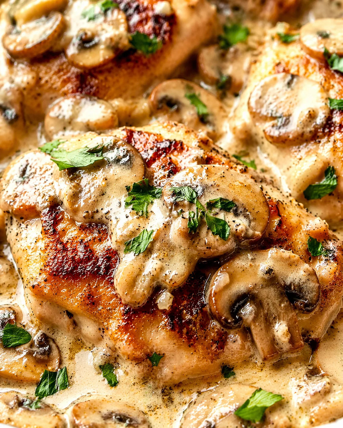 Close-up of golden chicken in creamy mushroom sauce topped with parsley.