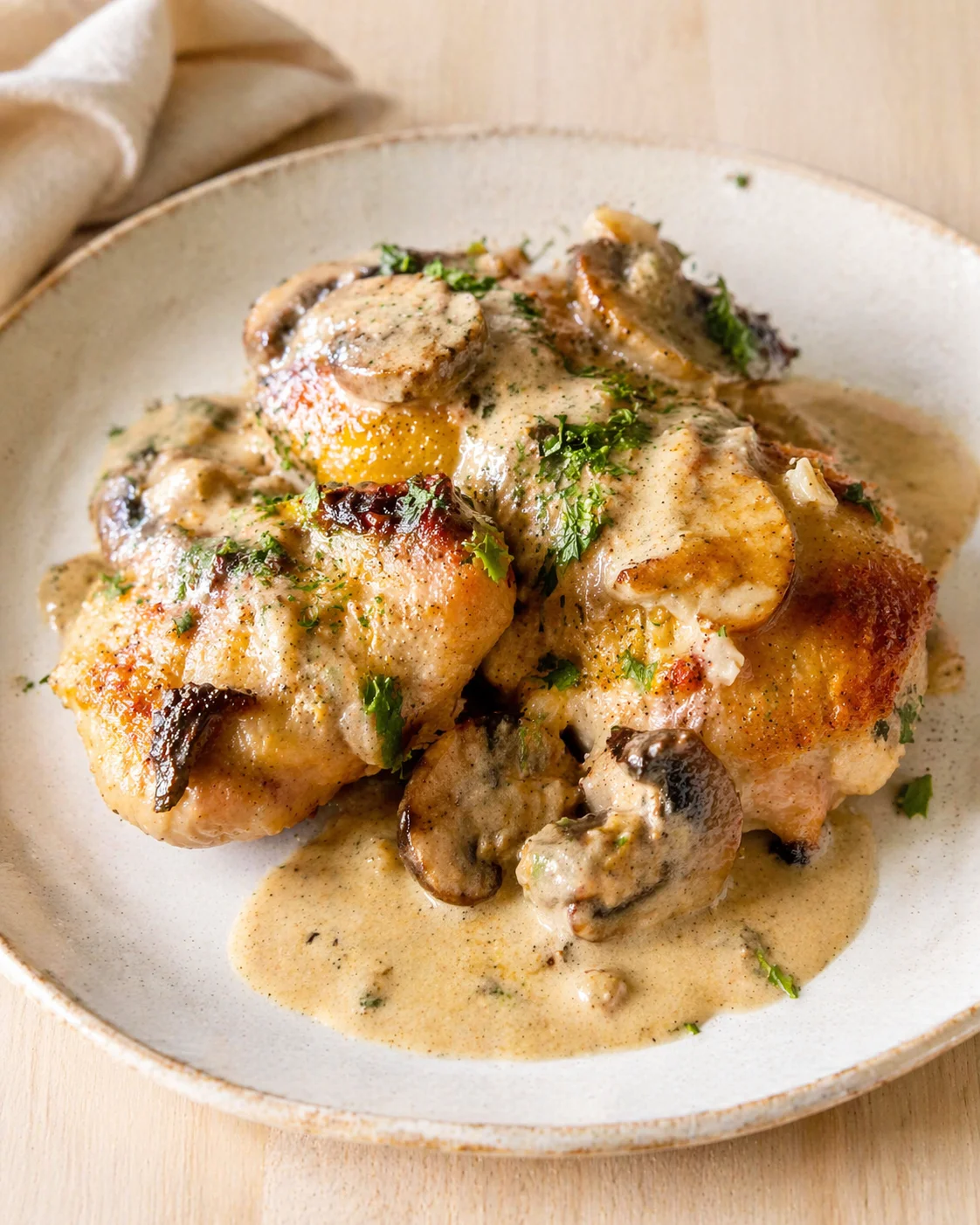 Plated chicken with creamy mushroom sauce and herbs on a speckled plate.