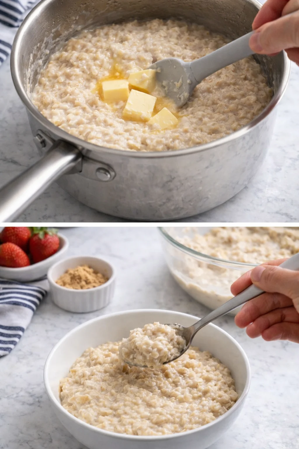 Two-panel shot of creamy oatmeal: butter melting in a pot and a ready bowl nearby.