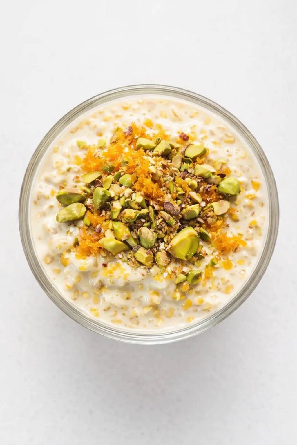 top-down view of a glass bowl of creamy oats topped with pistachios and orange zest