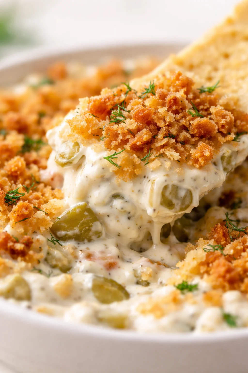 Creamy dill-olive dip with olives and crispy breadcrumb topping, bread slice nearby