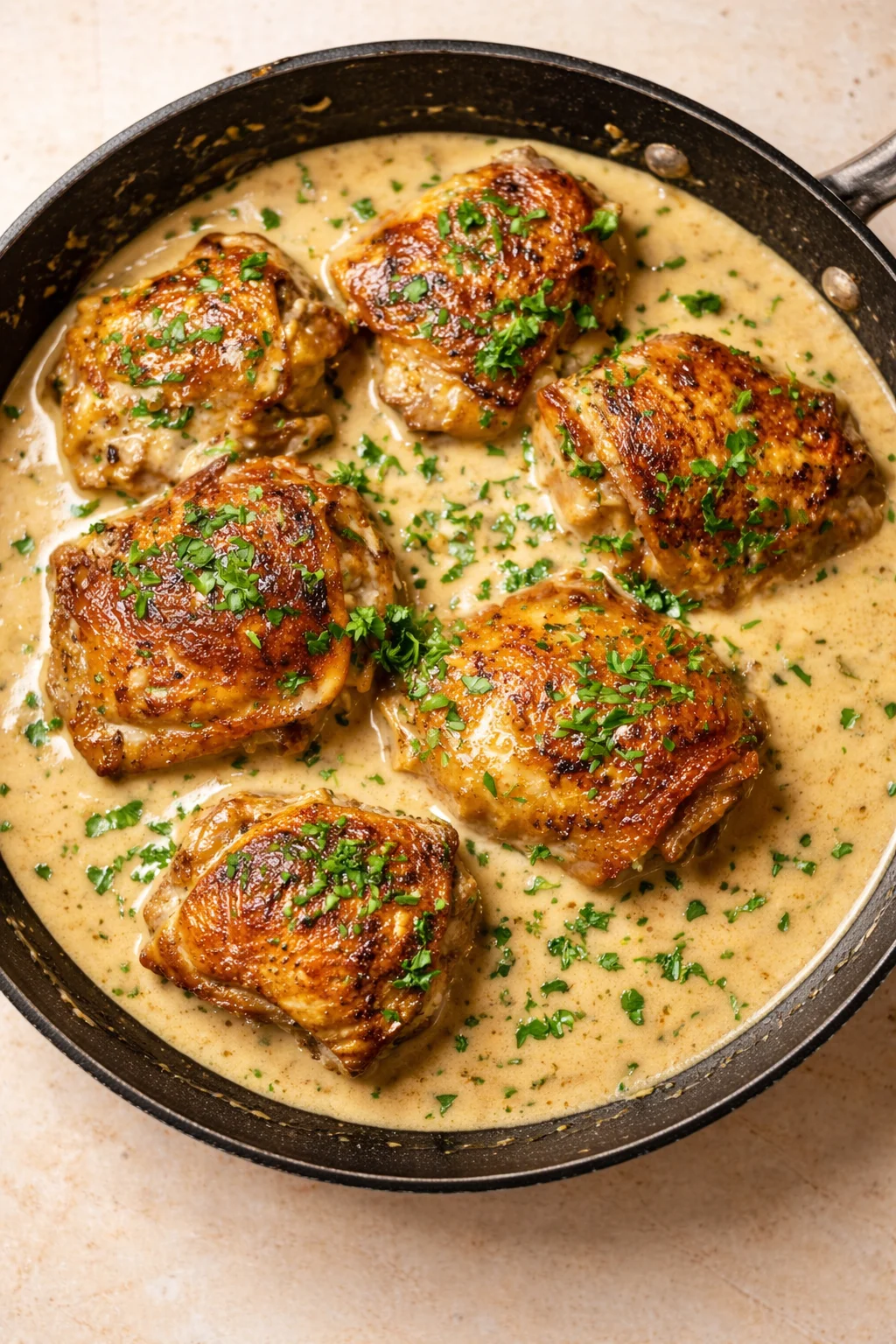 Pan-seared chicken thighs in creamy herb sauce in a skillet