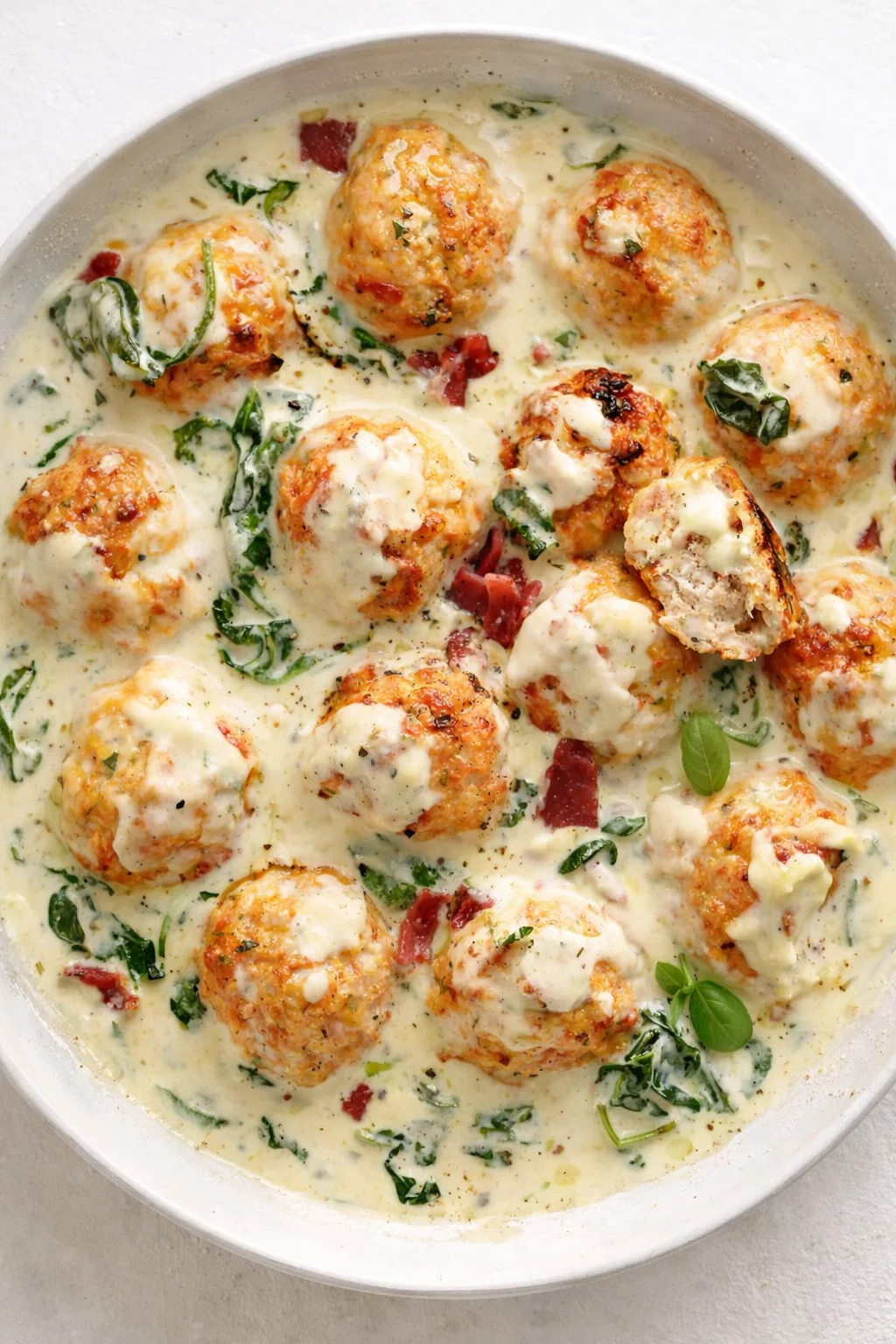 Golden-brown meatballs in a creamy white sauce with spinach and sun-dried tomatoes in a skillet.