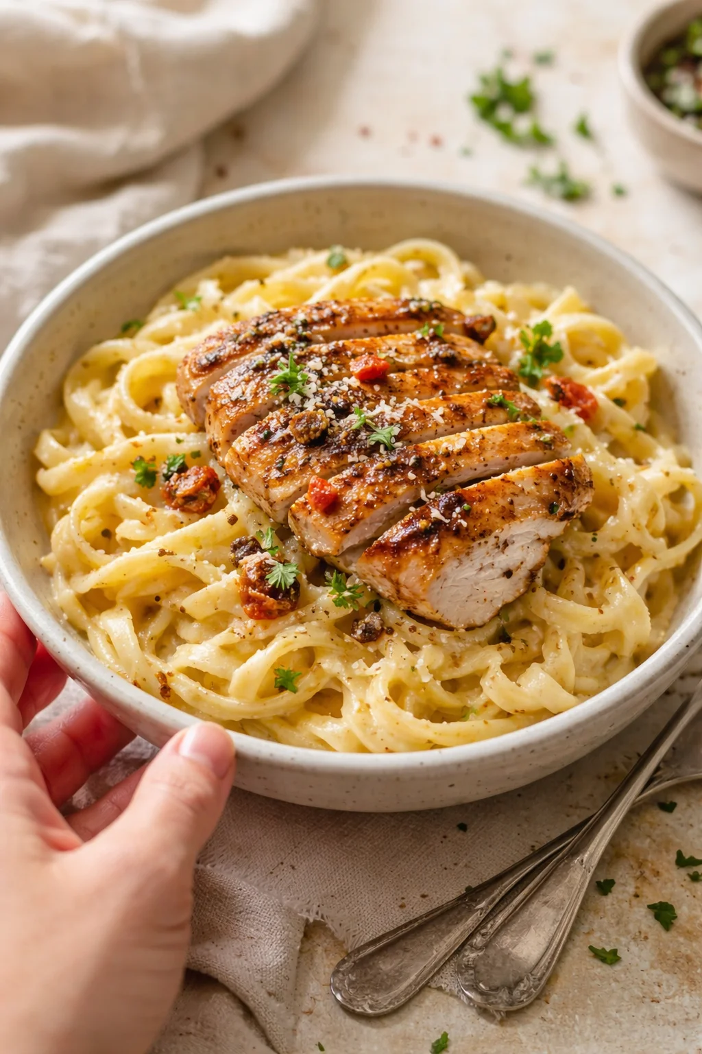Creamy pasta with grilled chicken slices, parmesan, and parsley garnish in a light bowl.