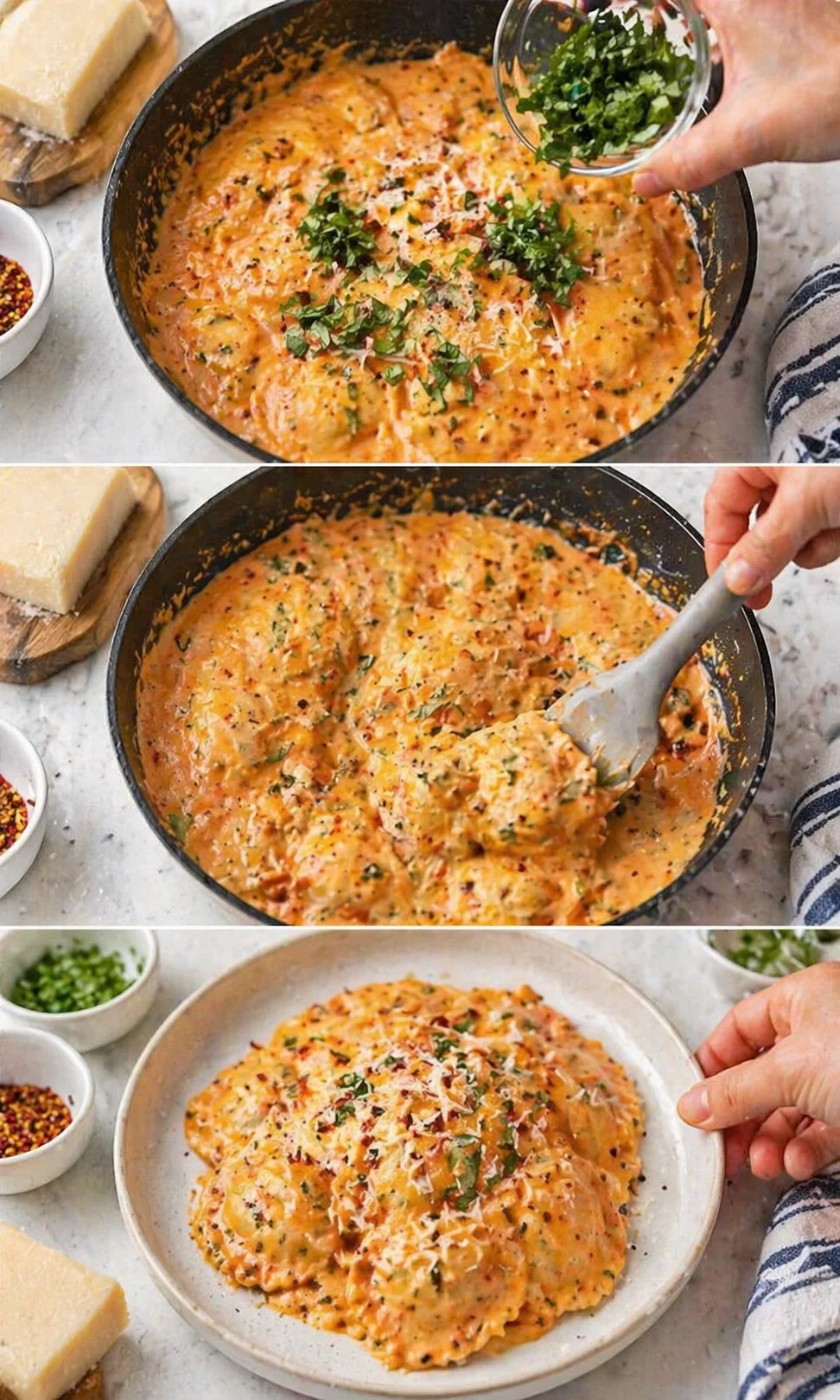 three-panel collage of a creamy orange cheese sauce in a skillet, garnished with parsley, and served on a plate