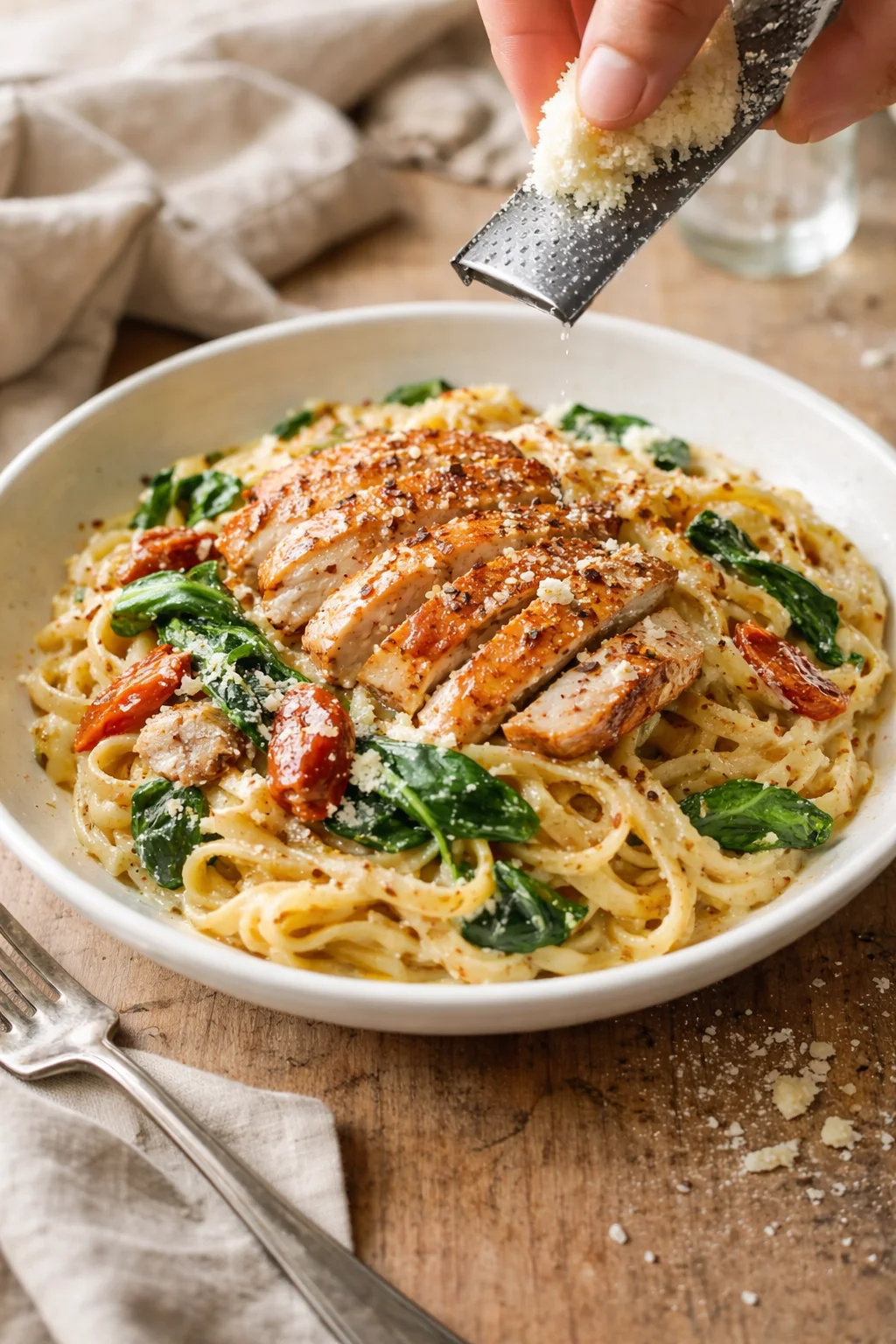 bowl of creamy pasta with sliced seared chicken, spinach, and cherry tomatoes, with grated cheese over the top