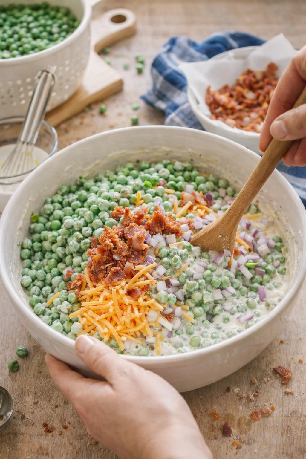 A large mixing bowl filled with green peas, onions, shredded cheese, and bacon bits being stirred with a wooden spoon.