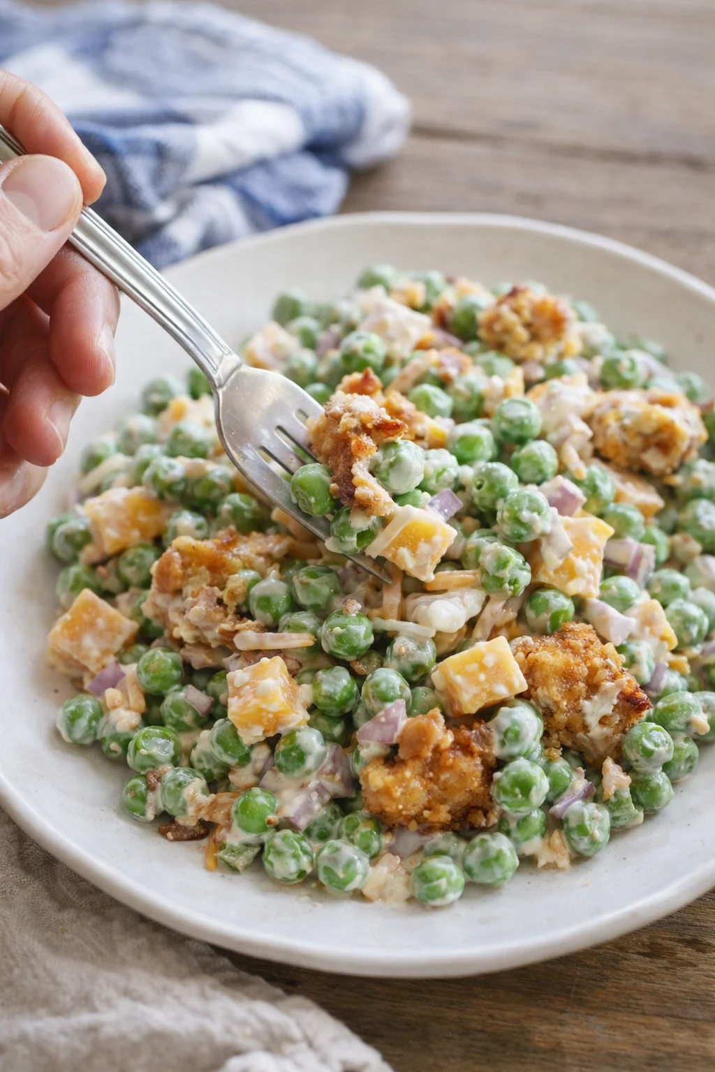 Close-up of creamy pea salad with cheddar cheese and croutons on a light plate, with a hand-held fork.