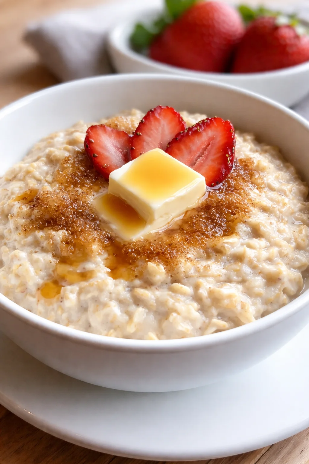 Creamy oatmeal in a white bowl topped with butter and strawberry slices, with fresh strawberries in the background.