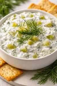 Creamy potato and dill dip with potato chunks, dill garnish, in a white bowl on a plate with crackers.