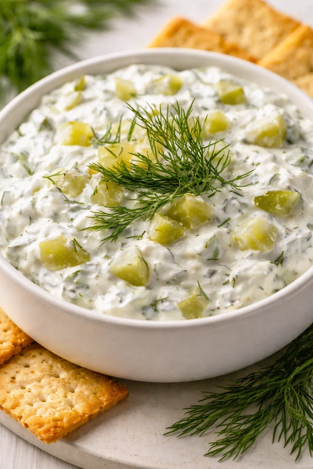 Creamy potato and dill dip with potato chunks, dill garnish, in a white bowl on a plate with crackers.