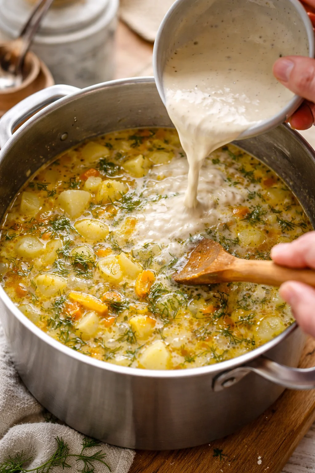 Pot of creamy potato soup with carrots and dill, cream being poured in.