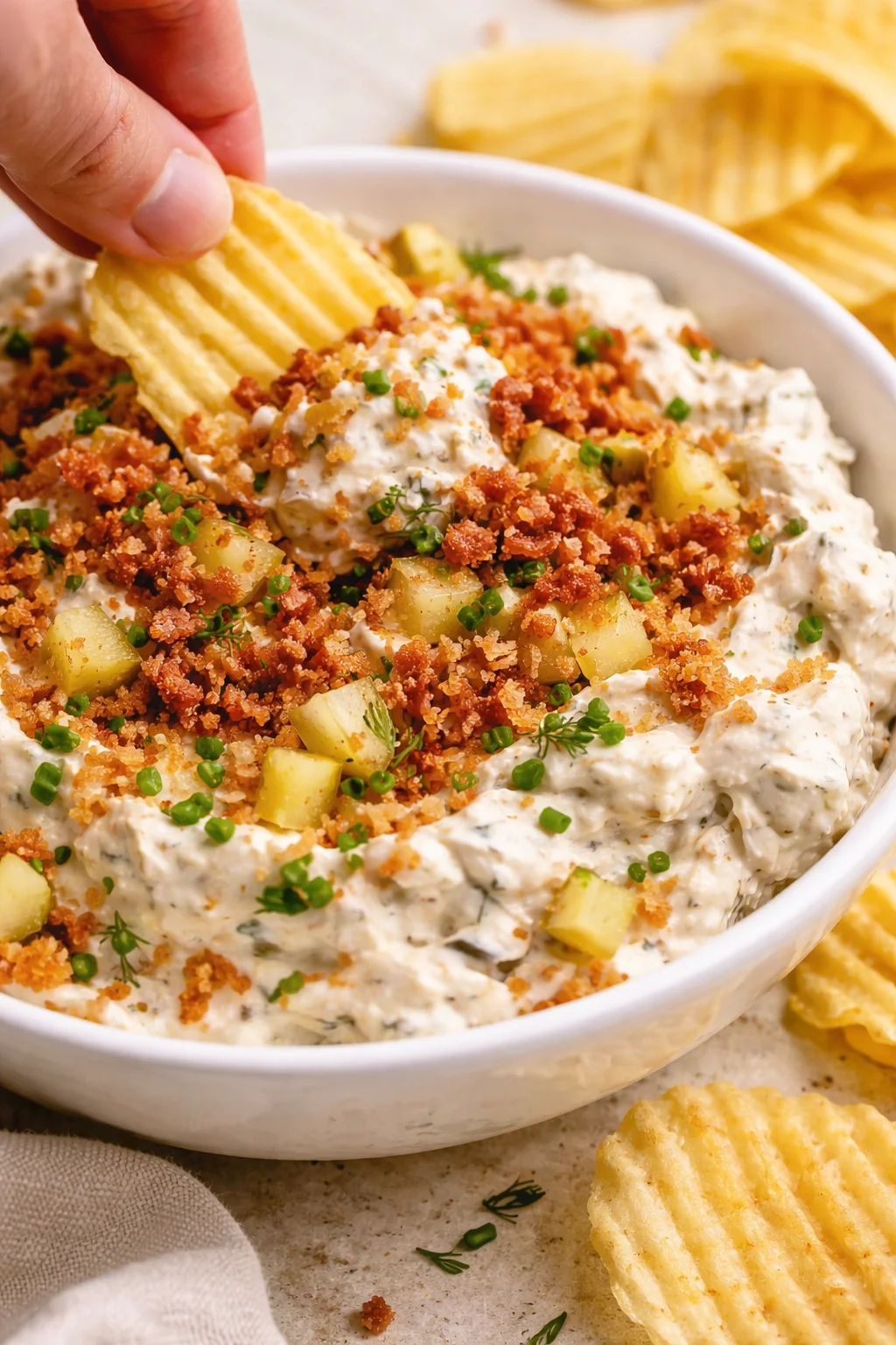 Creamy potato dip in a white bowl topped with bacon bits and chives; a ridged chip dips in.