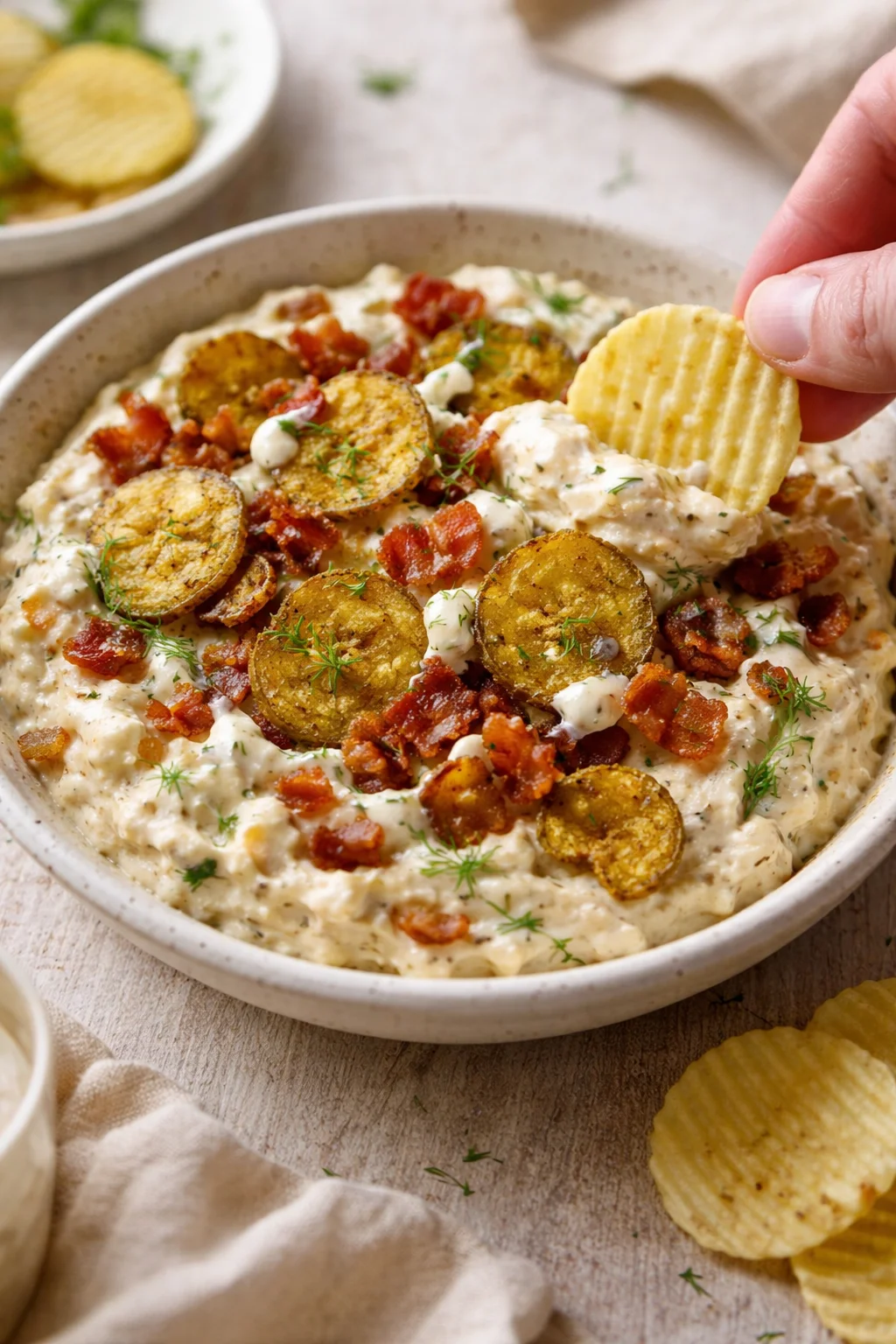 Creamy potato dip with bacon, fried potato coins, dill garnish in a beige speckled bowl.