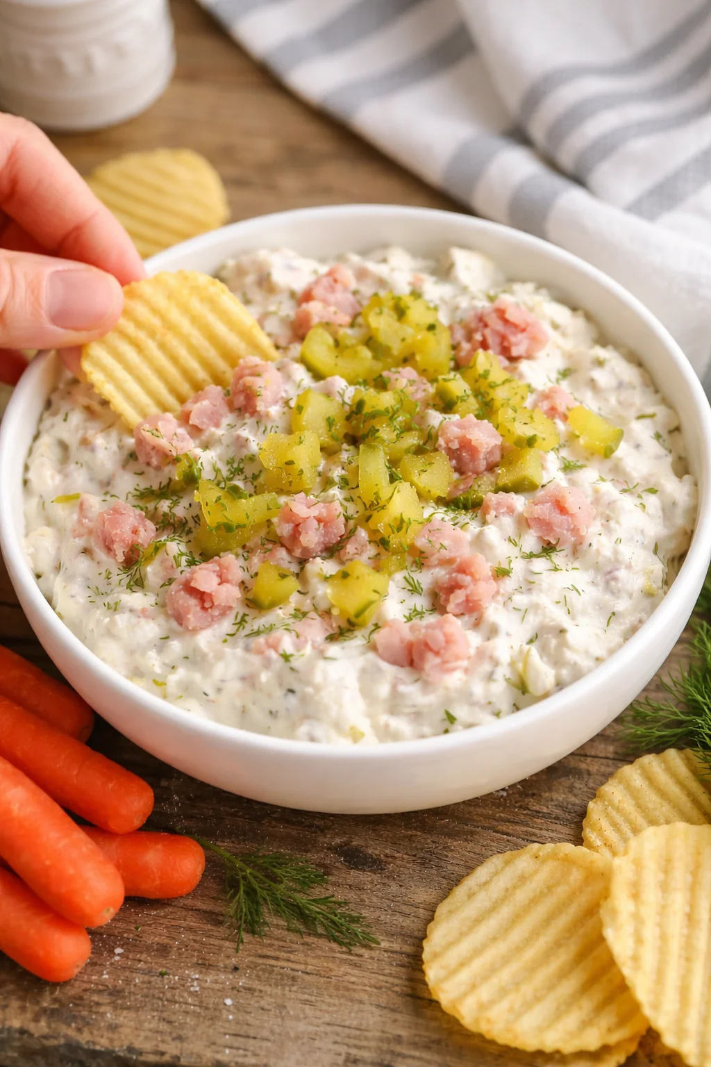 hand dipping a ridged chip into a creamy potato-ham dip in a white bowl, with carrots nearby