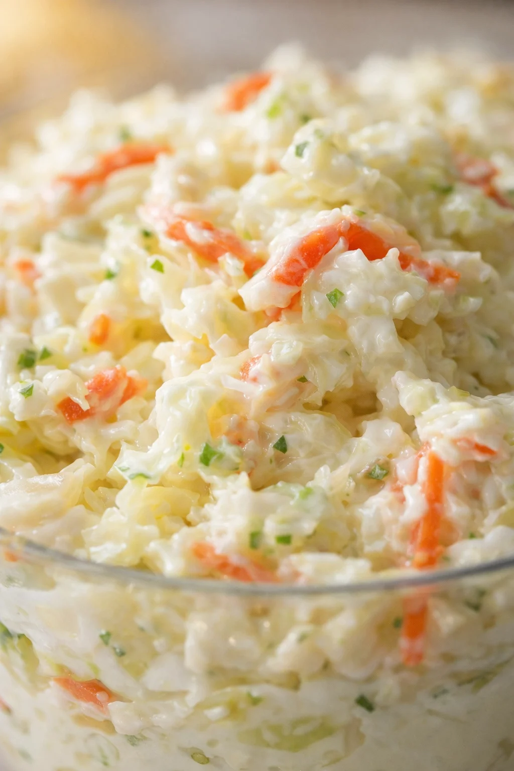 Close-up of creamy potato salad with carrots and herbs in a glass bowl.