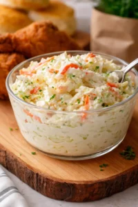 Creamy potato salad with carrots and herbs in a glass bowl on a wooden board.