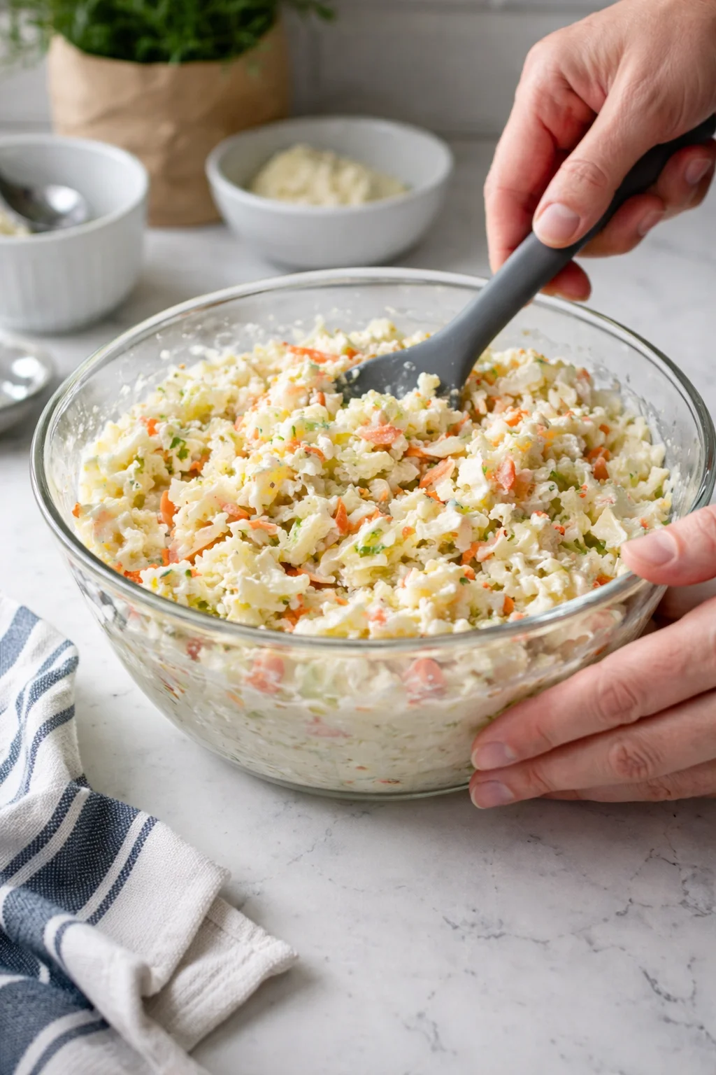 Hands stir a creamy potato salad with diced carrots and celery in a glass bowl.