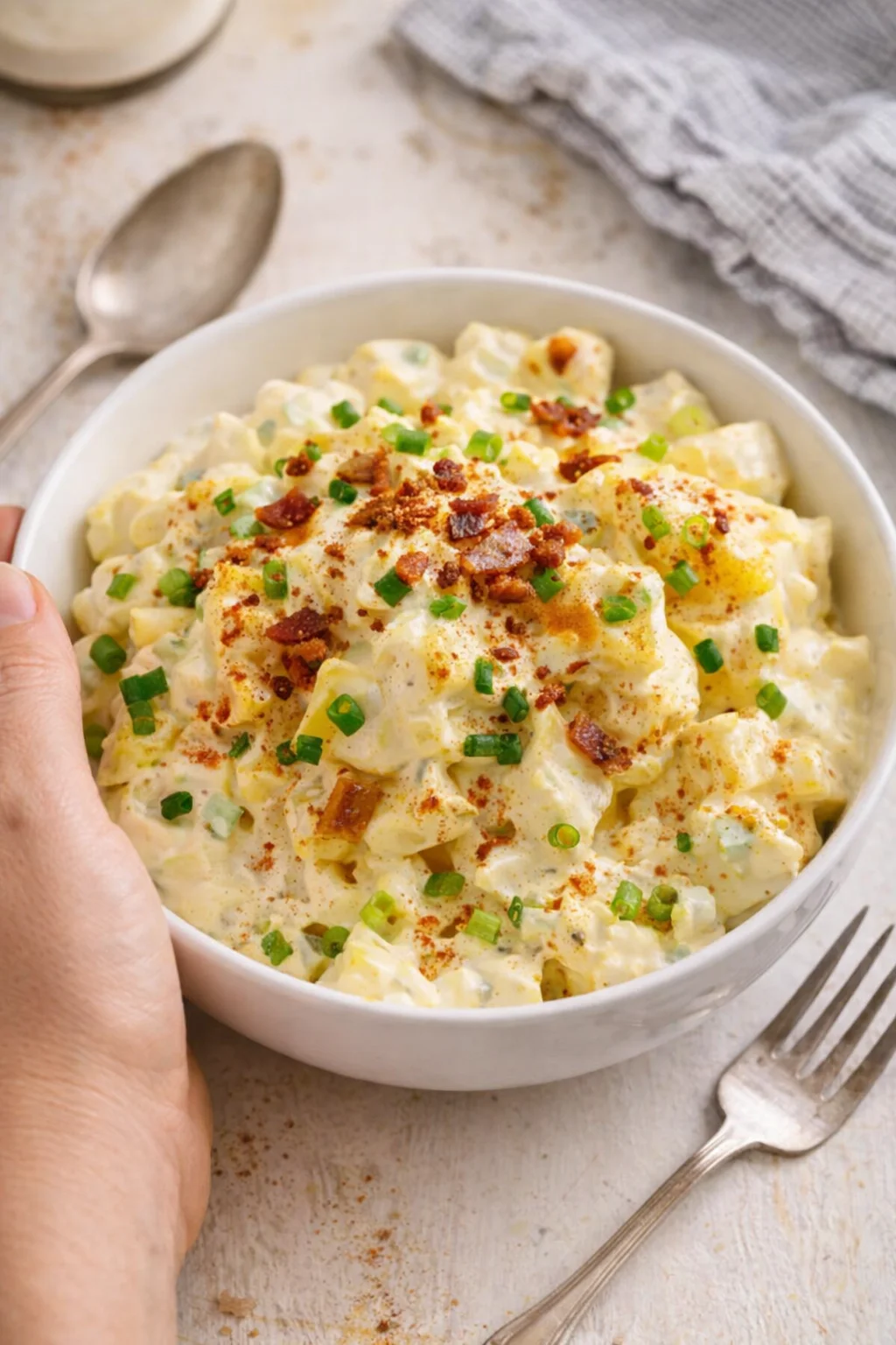 Creamy potato salad in a white bowl, topped with green onions and bacon bits.