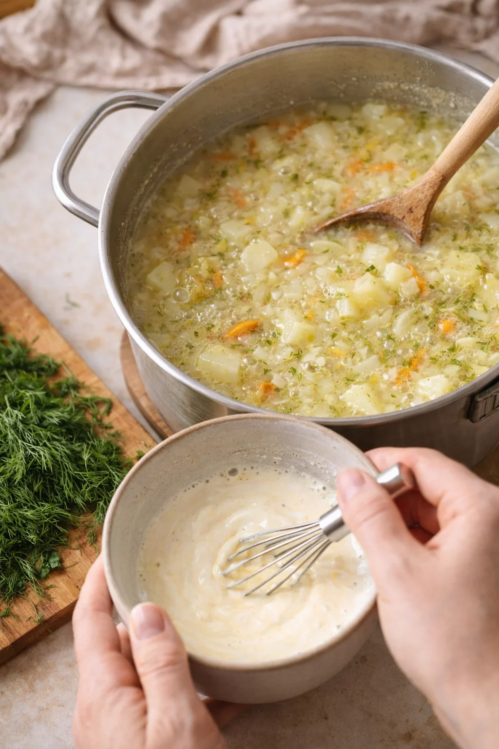 Potato soup with diced vegetables in a pot, dill on a board, whisking cream.
