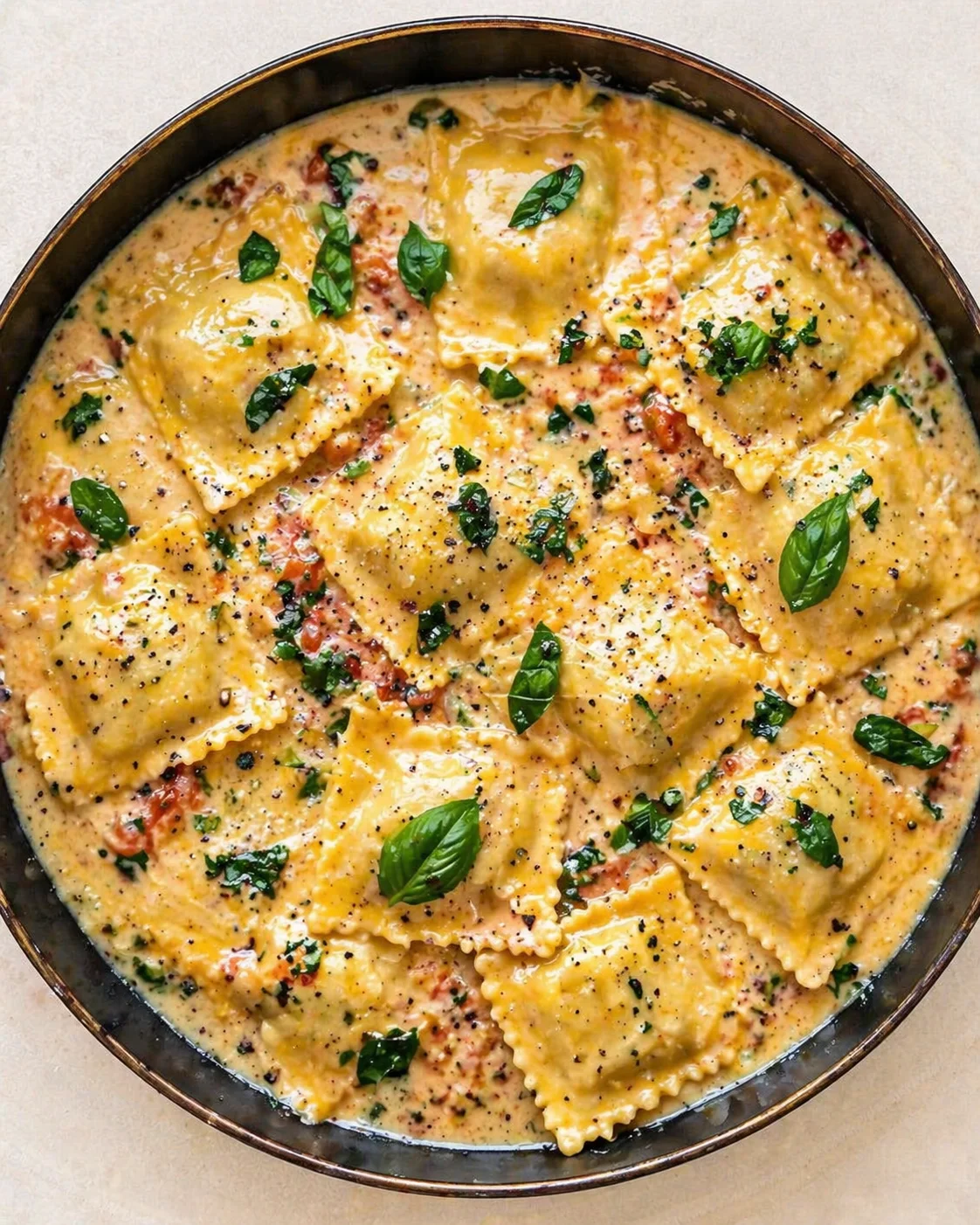 Top-down view of creamy ravioli in a skillet, garnished with fresh basil and cracked pepper.